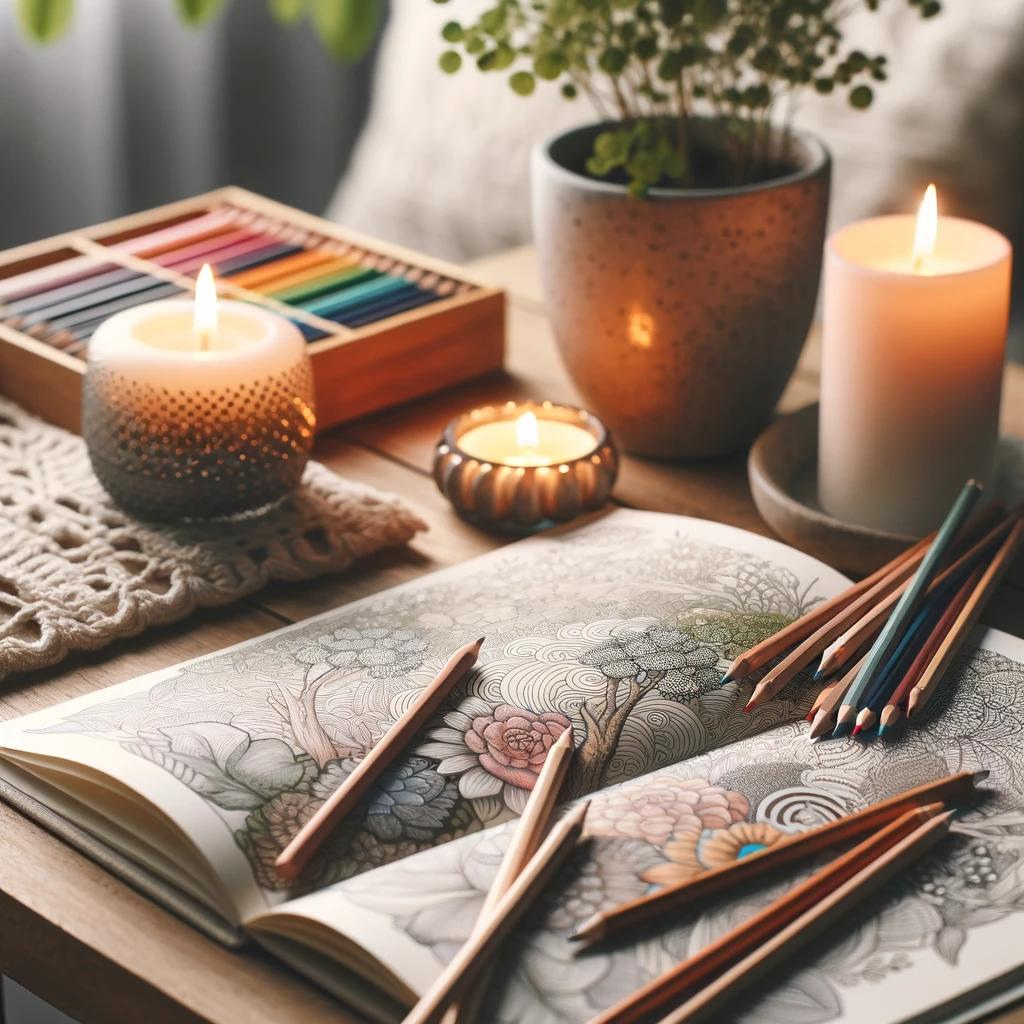A serene scene with an open coloring book and colored pencils, complemented by a lit candle and a plant. This image reflects a sense of calm and mindfulness art coloring book, illustrating the relaxing and meditative nature of coloring with TheZenPalette.