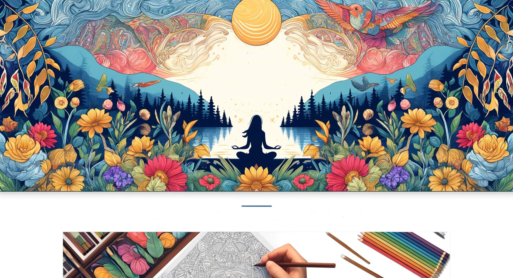 Illustration of a serene Zen garden with vibrant flowers and a tranquil lake, symbolizing peace and creativity in mindfulness adult coloring book, as offered by TheZenPalette.